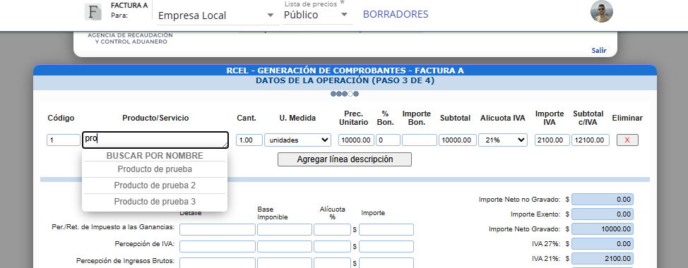 Autocompletar productos servicios comprobantes en linea arca