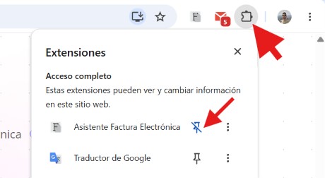 Fijar extensión de Asistente Factura Electrónica