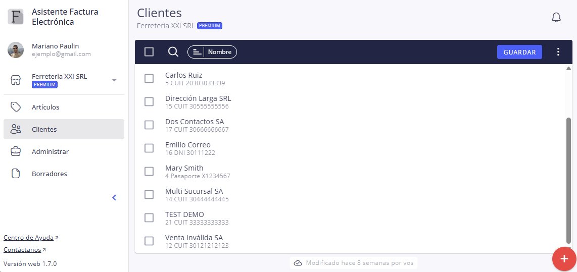 Vista del listado de clientes